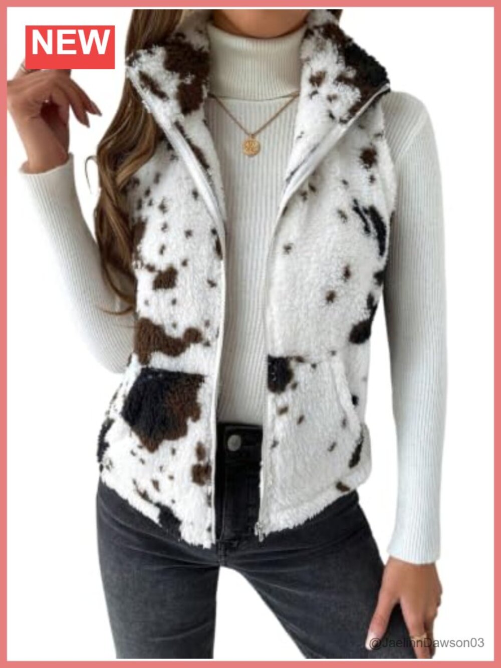 Fuzzy Animal Print Zip Up Sleeveless Teddy Vest with Pockets